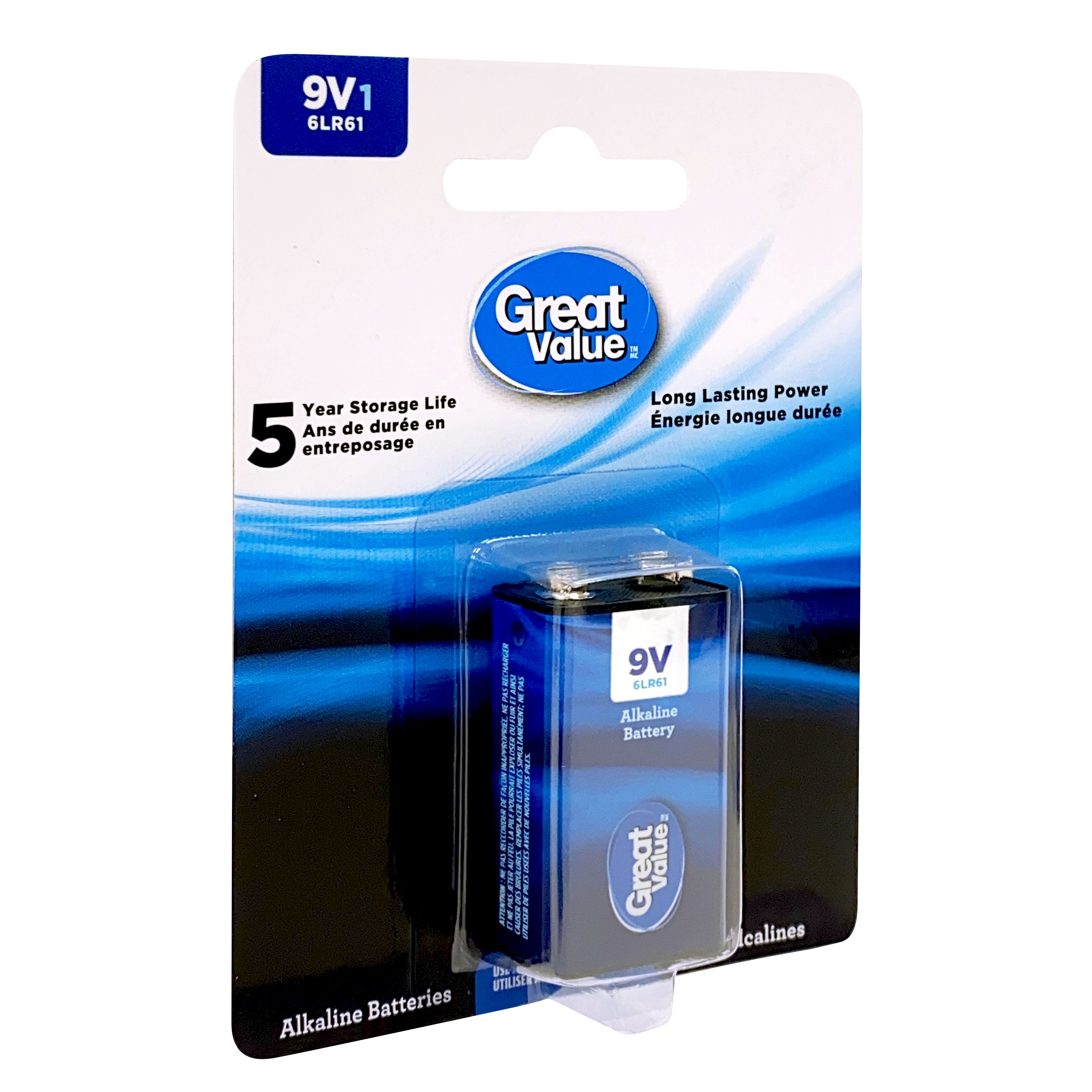 Great Value 9 V 6LR61 Alkaline Battery 1-Pack, 5-year storage life