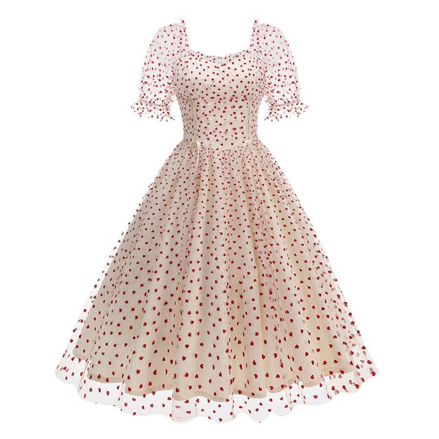 hotojiny Robes de Cocktail pour Femmes Renaissance Vintage en Maille Manches Courtes Bouffantes Robe Midi Rétro Cœur Ligne A Fluide Robes de Fête