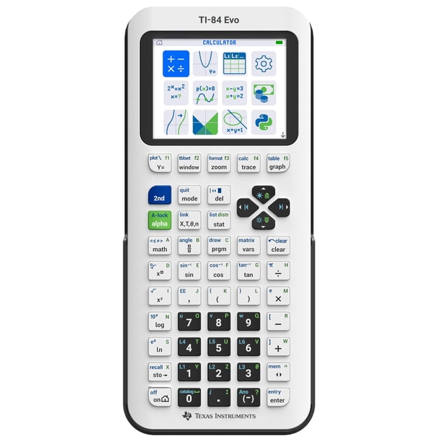 Graphing Calculator Texas Instruments TI-84 Evo Rechargeable front-facing view of the TI-84 Evo with 50% larger graphing display showing axes and a plotted curve, icon-based home screen visible, USB-C charging port and compact key layout, exam-approved for SAT, ACT, AP and IB; also suitable for portable classroom or study use.