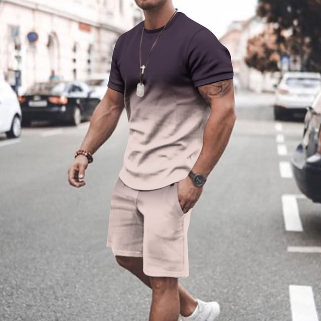 cllios Mens 2 Piece Short Sets Outfits Classic Gradient Printed Track Suits Summer Casual T Shirts Short Sleeve Drawstring Elastic Waist Beach Shorts with Pockets