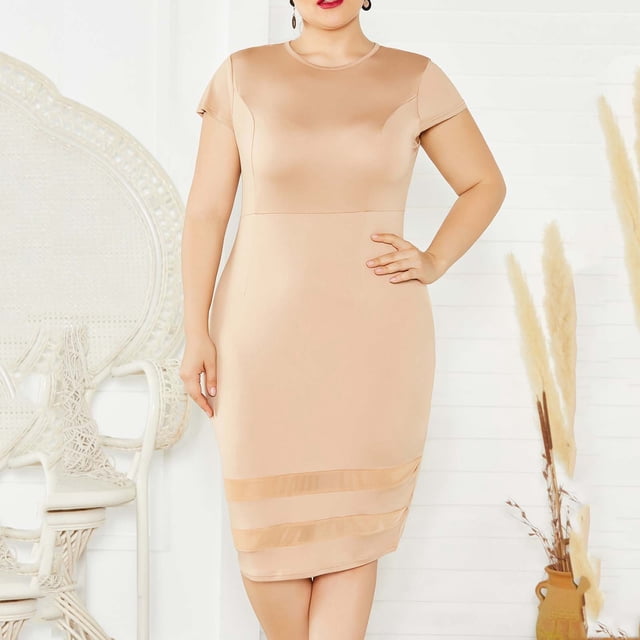 Ovzne Robes Grande Taille pour Femmes aux Formes Robe Femme Robe Grande Taille pour Femmes Été Aguichant Mode Couleur Unie Manches Courtes Robe à Col Rond Robe Grande Taille Manches Courtes Liquidation