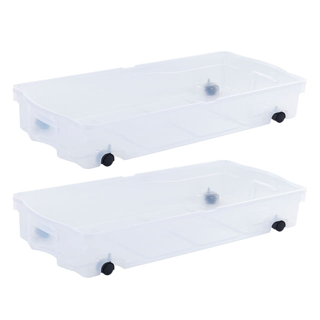 Rubbermaid Boîtes de Rangement sous le Lit de 70 Qt à Roulettes avec Couvercles Articulés, Lot de 2. Contenants de Rangement en Plastique Transparent avec Couvercles à Double Charnière et Quatre Roulettes Noires pour une Mobilité Facile. Chaque Boîte Mesure 43,10 x 19,50 x 6,60 Pouces, Conçue pour s'Adapter à la Plupart des Cadres de Lit. Idéale pour Ranger la Literie, les Vêtements, le Papier d'Emballage et la Déco dans les Espaces Étroits.