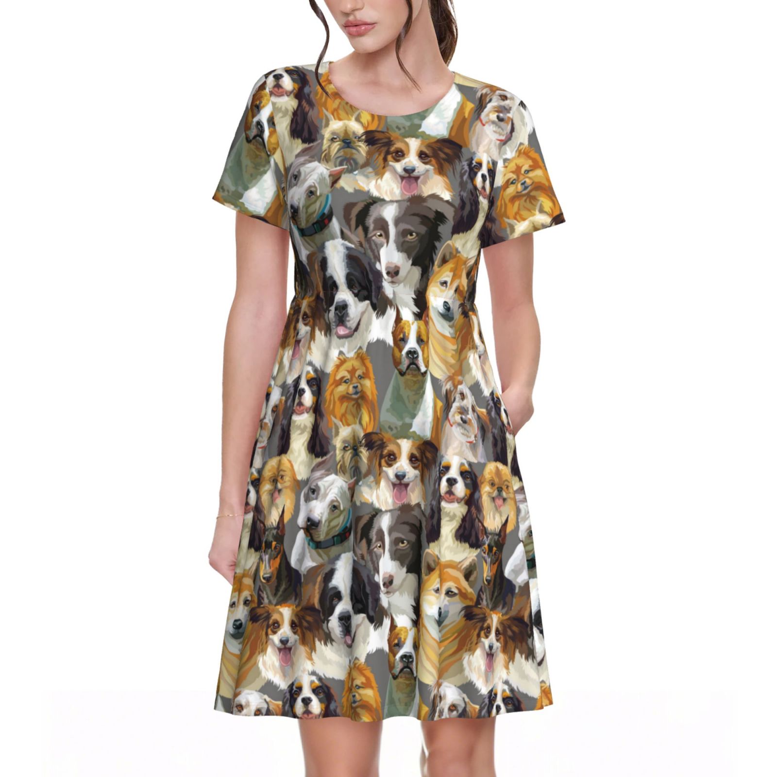 Wukai Robe à Manches Courtes Imprimé Chien Mignon pour Femmes, Robe Décontractée Confortable, Mélange Spandex Doux, Tenue Élégante pour l'Été