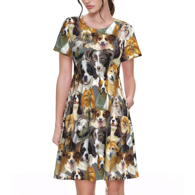 Wukai Robe à Manches Courtes Imprimé Chien Mignon pour Femmes, Robe Décontractée Confortable, Mélange Spandex Doux, Tenue Élégante pour l'Été