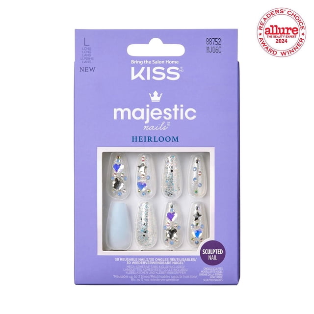 KISS Majestic - Faux Ongles, 30 Unités, Longs, Ongles en gel Sculptés Réutilisables au design Ancien avec des bases Claires et Bleu Pâle, des Paillettes Argentées et des accents de Bijoux Incluant des Étoiles et des Cœurs, Emballés dans une Boîte Lavande avec des Languettes Adhésives et de la Colle en gel Rose pour une Manucure Bricolage Facile.