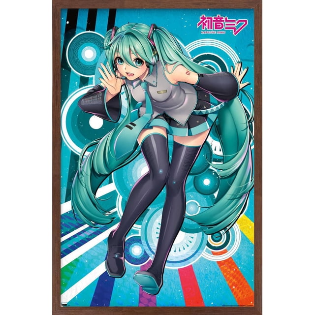 Hatsune Miku - Affiche Murale « Whisper » avec Cadre Magnétique, 22,375 Po x 34 Po Présentant une illustration de Style Anime d'Hatsune Miku aux Longues Queues Jumelles Sarcelle, Portant une Tenue Gris et Sarcelle avec des Bas Cuisse Noirs, Posée de Façon Dynamique sur un Fond Bleu Vif avec des Éléments Graphiques Circulaires et Rayés, Encadrée dans un Cadre Magnétique en Bois, Convient pour Décorer des Chambres, des Bureaux Ou des Résidences Étudiantes.