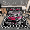 thumbnail image 2 of Erosebridal Ensembles de Literie Voiture de Course pour Filles Double avec Couette pour Enfants Ados, Insert de Couette Drapeau de Course, Noir Rose Vif, Réversible 3 Pcs, 2 of 7