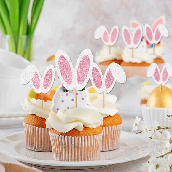 Glitter Bunny Ears Cupcake Toppers,12pcs Easter Decoration Cupcake Toppers,Glitter Rabbit Ears Cupcake Picks Easter Day Cupcake Toppers Rabbit Cake Toppers for Spring Birthday Party Supplies