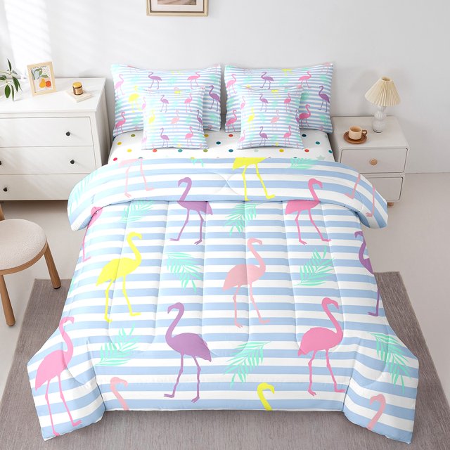 Ensemble de Douillette Très Grand Flamingo 7 Pcs, Ensemble de Lit Tropical avec Draps Feuilles de Palmier pour Enfants Garçons Filles, Ensemble de Lit Faune Botanique Réversible