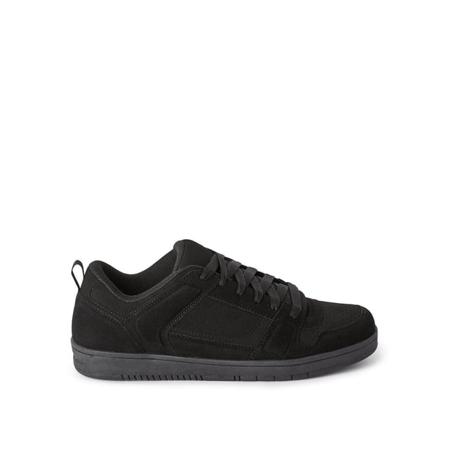 GEORGE MEN'S CANVAS SKATE SHOES in black with a low-top silhouette, faux suede and faux leather upper, round toe, lace-up closure with perforated side panels, rubber outsole, and pull loop at the heel, shown in side profile on white background, suitable for casual and skate wear.