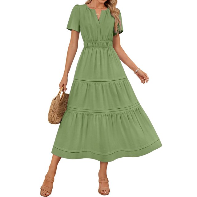 Meichang Robes Midi d'Été pour Femmes à Manches Courtes, Encolure en V Fendue, Taille Plissée, Robe Trapèze, Évasée, Décontractée, à Étages, Longue, Robes d'Invitée de Mariage