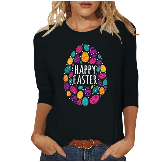 RKSTN Hauts Grande Taille pour Femmes Ufs de Pâques Mignons Imprimés Lapin Coupe Ample Col Rond Manches 3/4 Printemps Été Blouse Douce