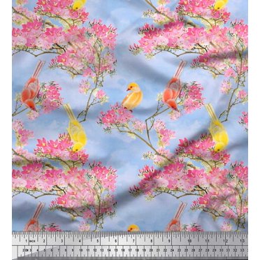 Soimoi Blue Rayon Fabric Floral & Pigeon Bird Fabric Prints by Yard 42 Inch Wide