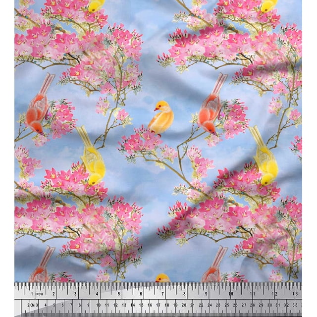 Soimoi Blue Velvet Fabric Floral & Pigeon Bird Print Sewing Fabric BTY 60 Inch Wide