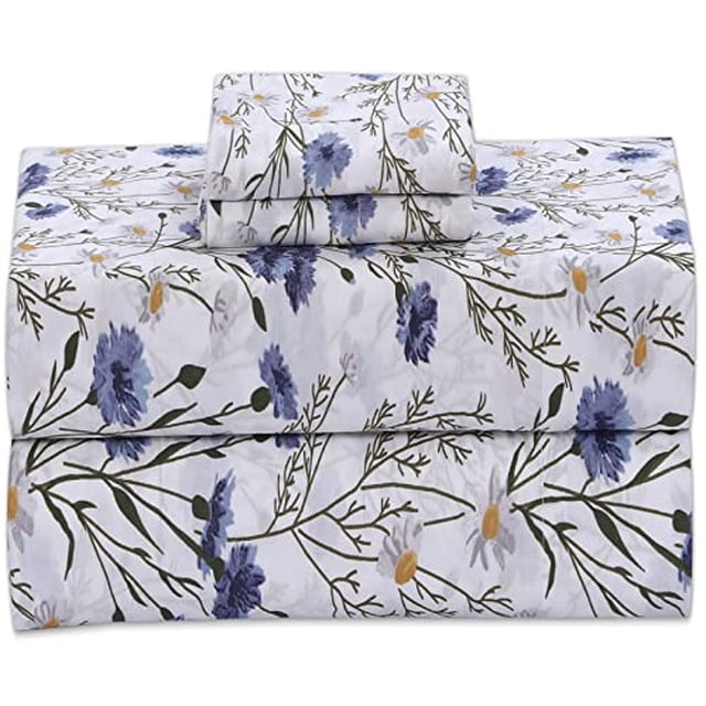 Ruvanti 100% Cotton Bed Sheets, 4 Pcs Bed Sets, Blue & Yellow Floral King Size Sheets Set, Soft, Breathable, Deep Pocket Sheets, Cooling Bedding Sheets Set Include 1 Flat, 1 Fitted Sheet,2 Pillowcases