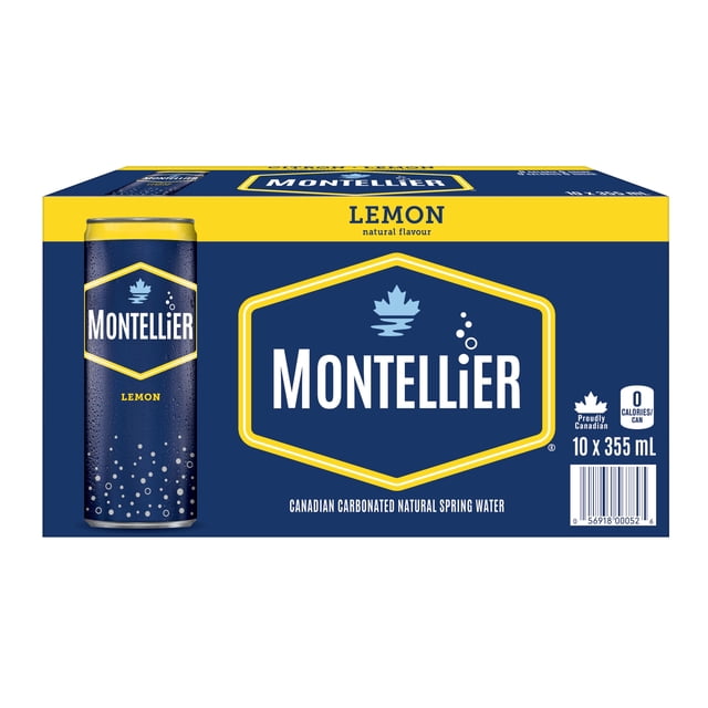 Montellier Lemon Natural Spring Water 10 x 355 mL cans in a blue and yellow box featuring the Montellier logo with a maple leaf, labeled as Canadian carbonated natural spring water with zero calories per can, suitable for refreshing hydration.