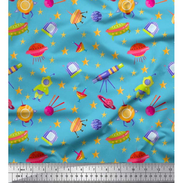 Soimoi Rayon Crepe Fabric Spaceship,Star & Telescope Cartoon Decor Fabric Printed Yard 46 Inch Wide