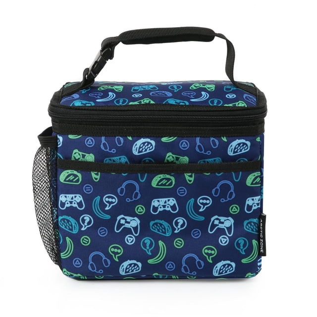 Arctic Zone Collapsible Lunch Caddy in navy blue with green and light blue gaming icons, featuring leak-proof thermal insulation, padded handle with SwingClip™, front slip pocket, and side mesh hydration pocket, ideal for school kids and suitable for organizing small snacks or toys.