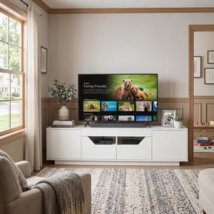 Homy Casa 65" LED TV Stand, High Gloss Media Console with Drawers, Doors, Cable Holes, White Oak