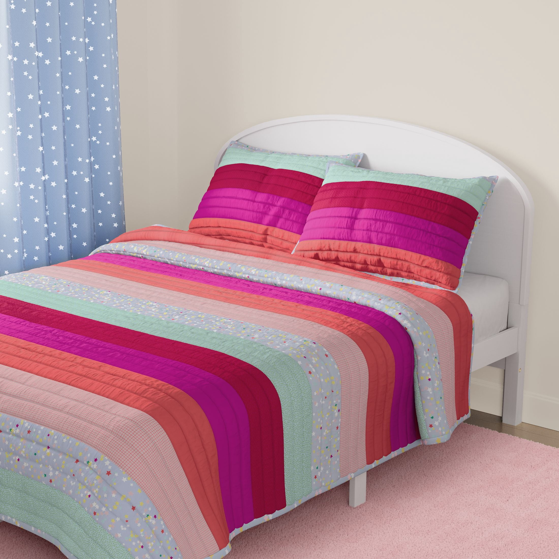 Mainstays Kids Reversible Pink Stripe Stitch Quilt Set, 3 Pieces, Full/Queen