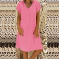 thumbnail image 2 of Tumotour Robe d'Été pour Femmes à Col en V, Longueur Genou, Robe Décontractée, Couleur Unie, Manches Courtes, Coupe Ample, Robe de Vacances, Robe en Lin pour la Plage, Sorties, Fête, Rendez-Vous, 2 of 5