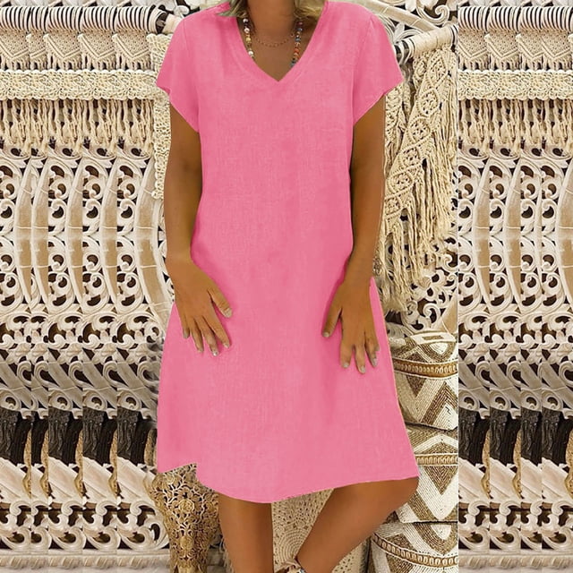 Robe Mode Femme Ample Col en V Été Manches Courtes Coton et Lin Robe de Bal pour Adolescentes en Liquidation