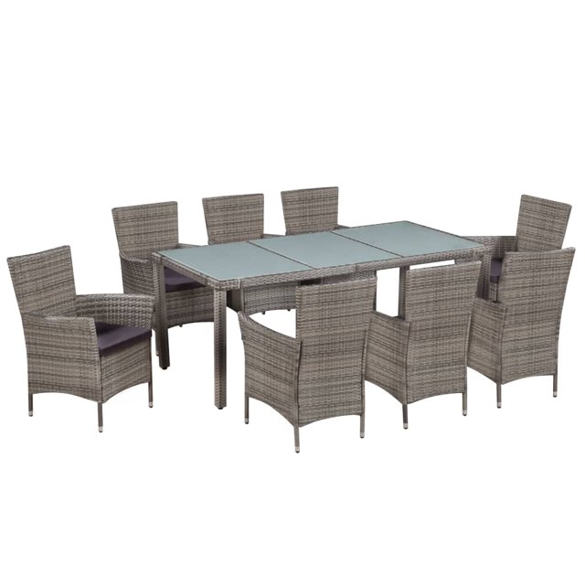 vidaXL 9 Piece Outdoor Dining Set with Cushions Poly Rattan Grey, featuring a rectangular glass-top table and eight matching chairs with grey PE rattan frames. Each chair includes a dark grey, removable polyester cushion for added comfort. The set is designed with a powder-coated steel frame for durability and is suitable for outdoor use. Dimensions of the table are 190 x 90 x 75 cm, and the chairs measure 58 x 61 x 88 cm. Ideal for patios or gardens.