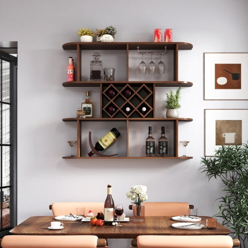 Rustic Style Wall Mounted Wine Rack - Three Tier Solid Wood Storage Rack, Farmhouse Style Kitchen/Dining Room Decor
