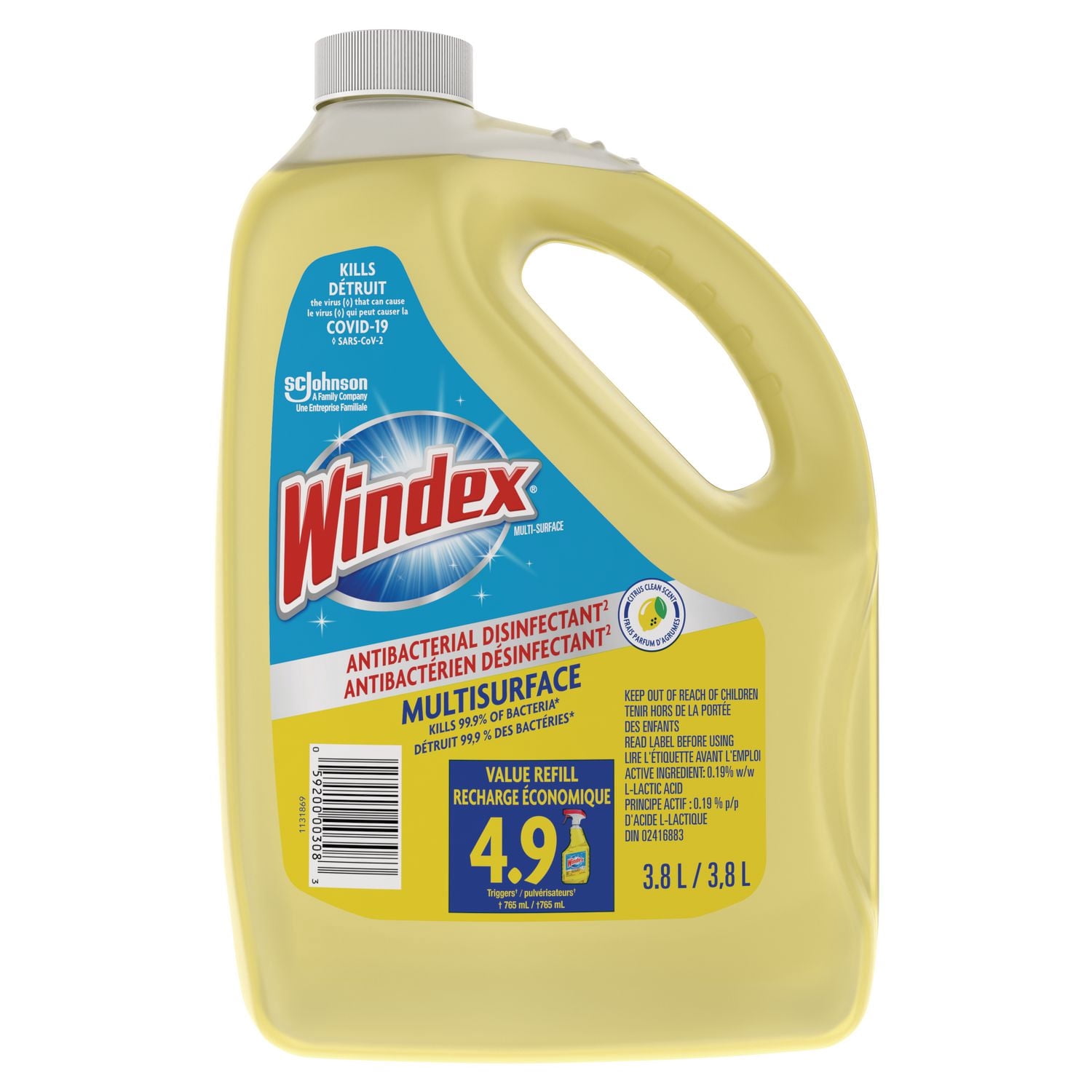 Windex Multisurface Antibacterial Glass Cleaner Refill, 3.8L
