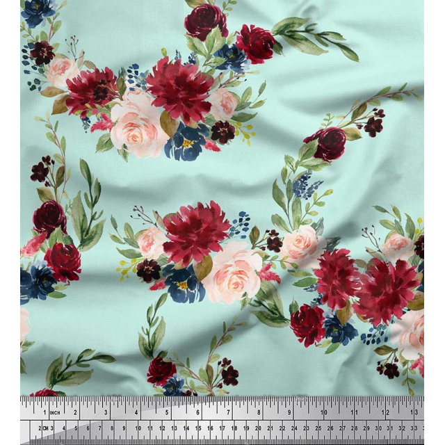 Soimoi Green Rayon Fabric Ranunculus & Penoy Floral Print Print Fabric by the Yard 58 Inch Wide