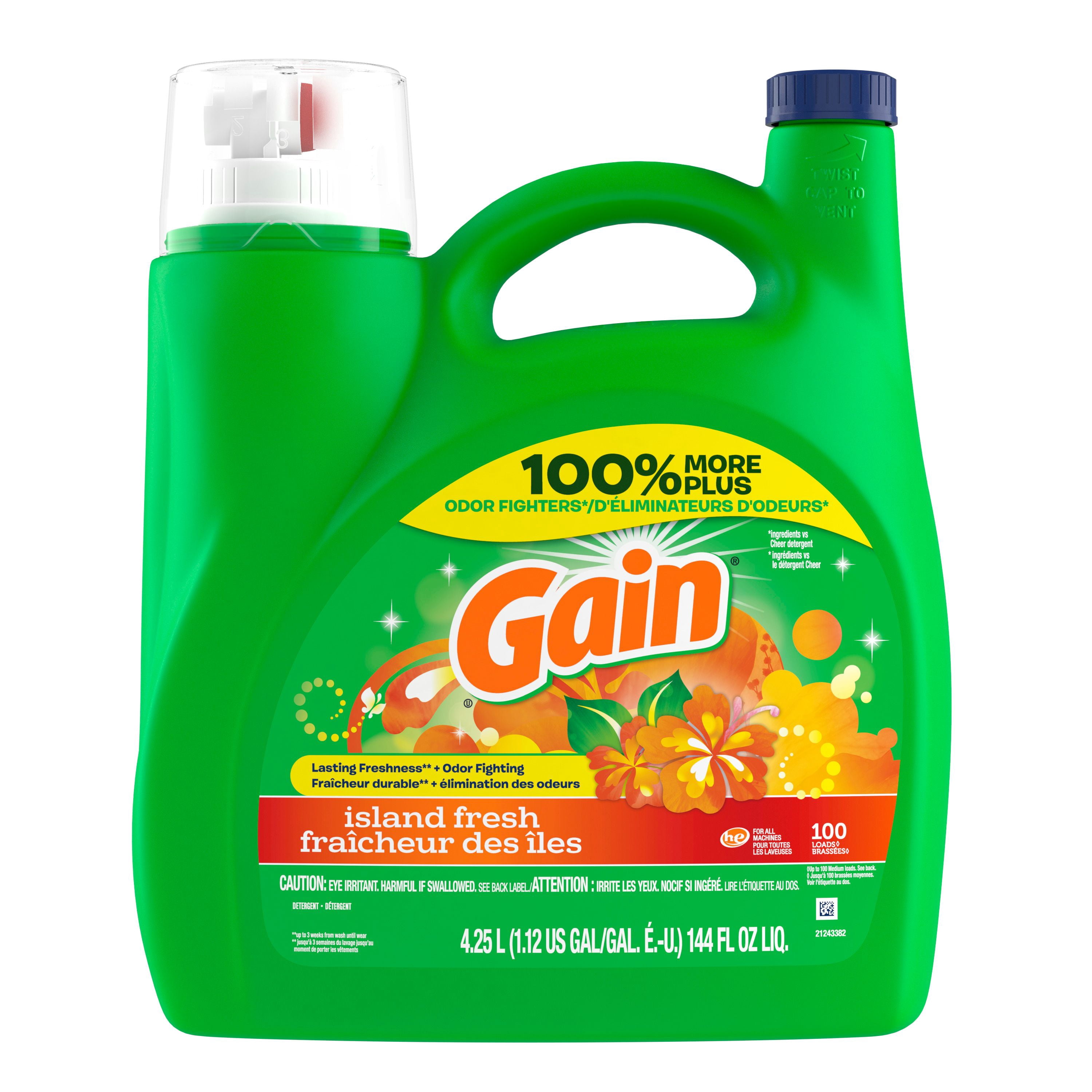 Gain Détergent Liquide à Lessive, Parfum Fraîcheur des Îles, Fraîcheur + Élimination des Odeurs, Savon Nettoyant Liquide pour Laveuse Haute Efficacité, 4.25 Litres, 100 Brassées