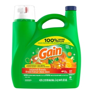 Gain Détergent de blanchisserie liquide, parfum frais de l'île, fraicheur + Odour Fighting, savon de nettoyage liquide de laveuse à haute efficacité, 4.25 Des litres, 100 Charges de lavage