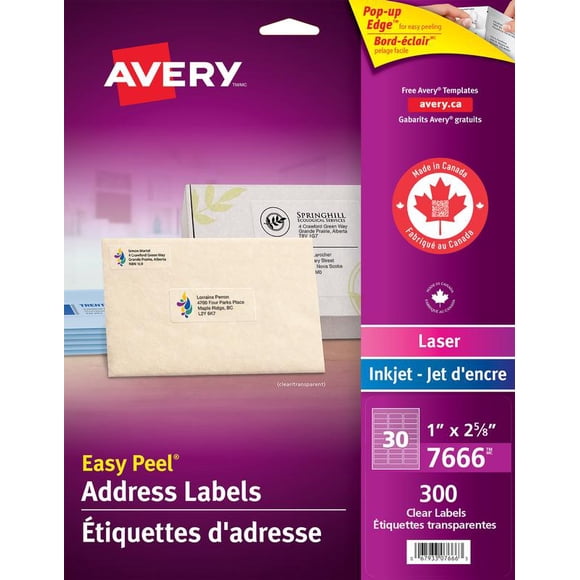 Avery Rectangle Clear Labels with Easy Peel, 1" x 2⅝", Permanent Adhesive, for Laser/Inkjet Printers - 7666