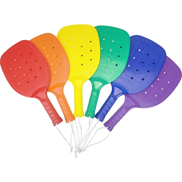 PRISP Set of Pickleball Racquets - 6 Coloured Sturdy Plastic Paddles (38 cm)