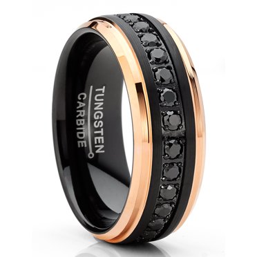 Men Tungsten Two-Tone Wedding Band Black Rosegold-tone Eternity Ring CZ Comfort-Fit