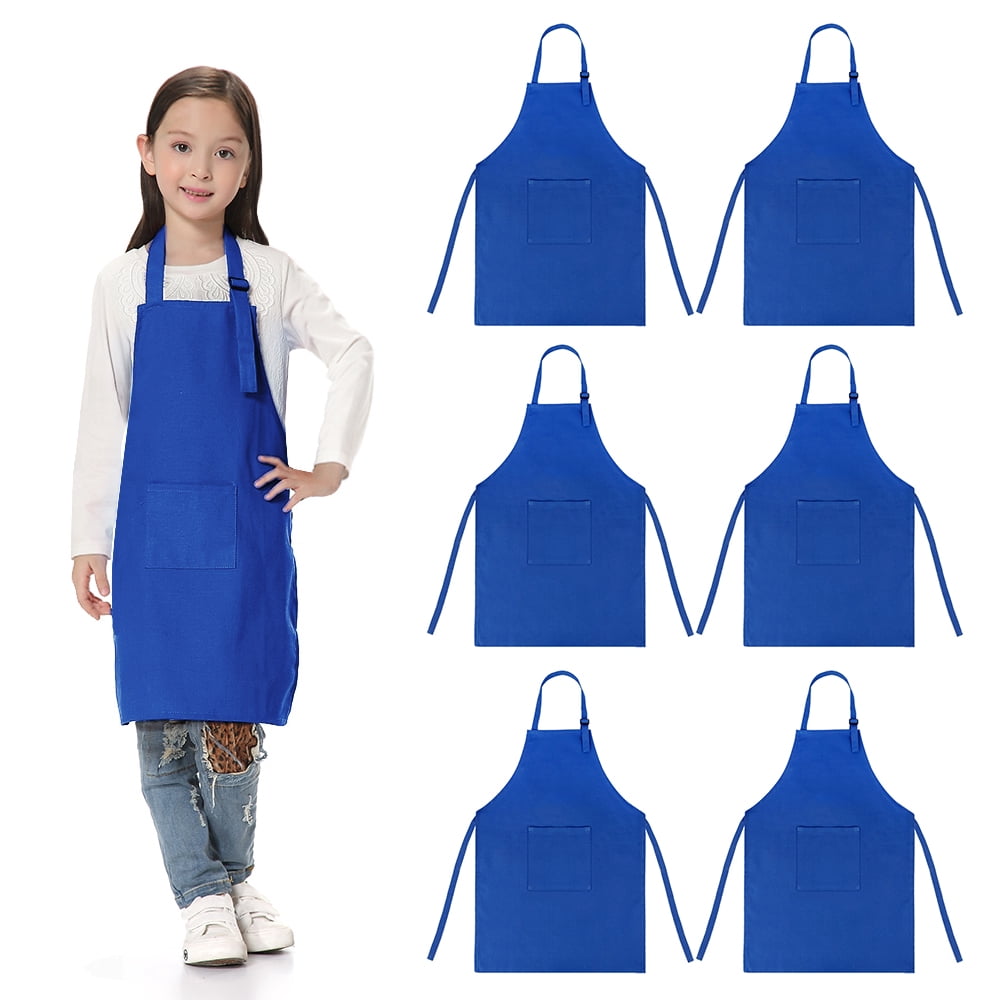 TOPTIE 6 Pack Kids Aprons with Pocket & Adjustable Strap, Child Chef Bib Apron for Kitchen Cooking Baking Painting-Blue-S
