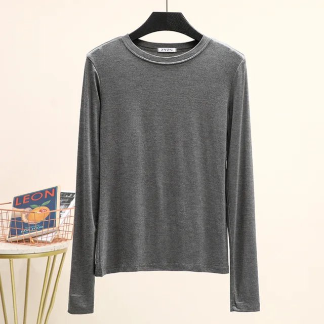 LNGOOR T-Shirt de Base Uni en Modal à Col Rond à Manches Longues pour Femmes, Automne, T-Shirt de Base, Hauts, T-Shirt Passe-Partout, Grande Taille, sous-Vêtement
