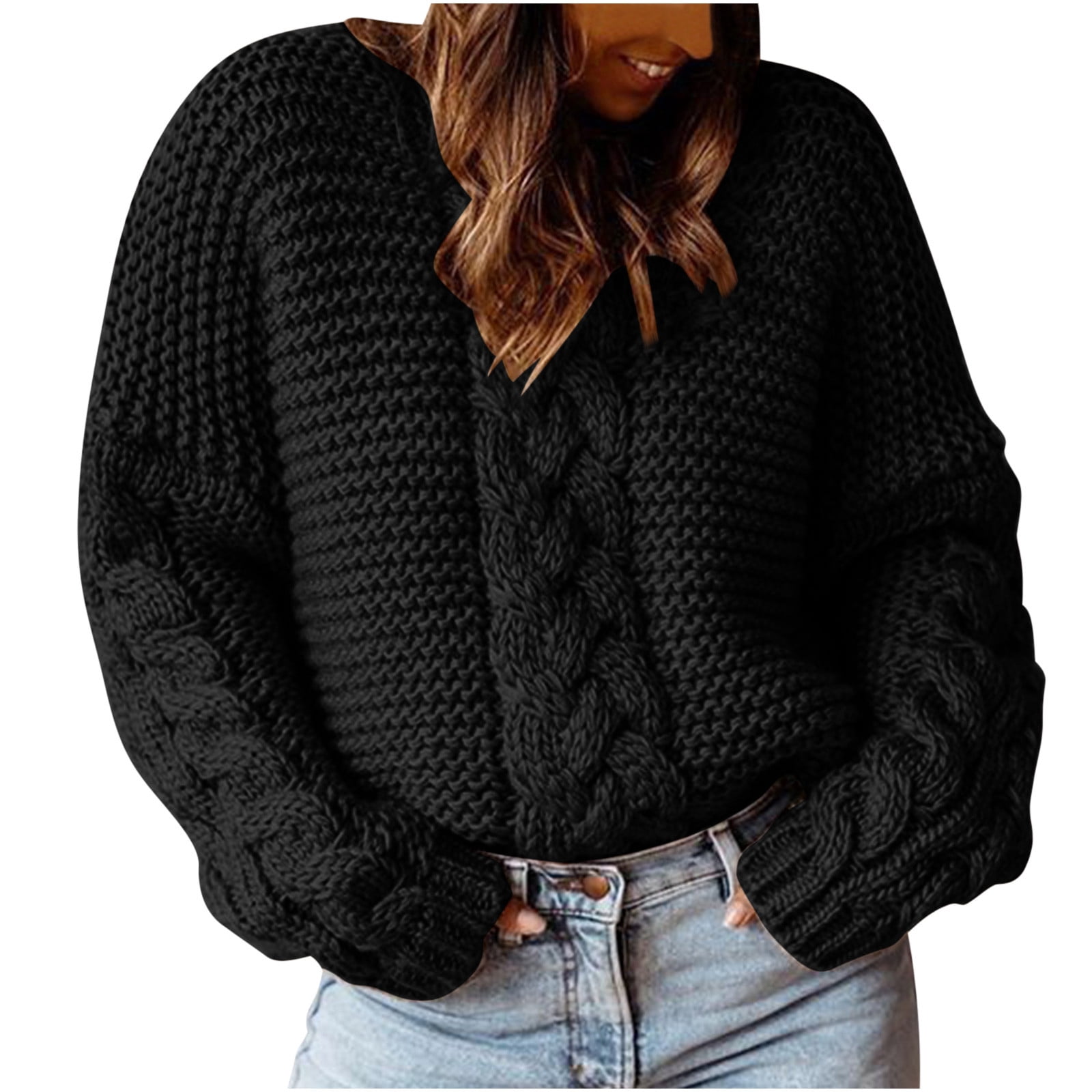 Timegard Chandails en Tricot Grande Taille pour Femmes Col Ras du Cou Manches Longues Chandails à Enfiler Automne Hiver Couleur Unie