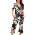 thumbnail image 2 of FAFWYP Ensembles de Pyjama 2 Pcs pour Femmes, Ensembles de Pyjama à Imprimé Floral, Tenue de Nuit Douce, Hauts à Manches Courtes à Col Ras du Cou et Pantalons Capri, Ensembles de Détente, P-3TG, 2 of 5
