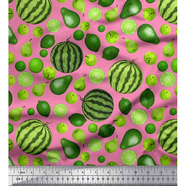 Soimoi Poly Georgette Fabric Pear,Lemon & Watermelon Fruits Print Fabric by The Yard 42 Inch Wide