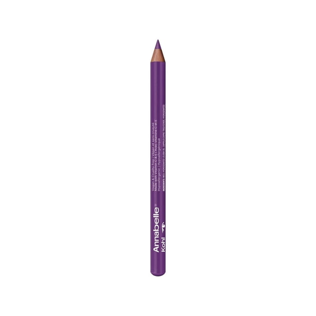 Annabelle Metallic Kohl Long-Lasting & Intense Vegan Eyeliner pencil in purple with a smooth wooden barrel and white printed text, offering intense colour payoff and precise control, hypoallergenic and suitable for sensitive eyes and contact lens wearers.