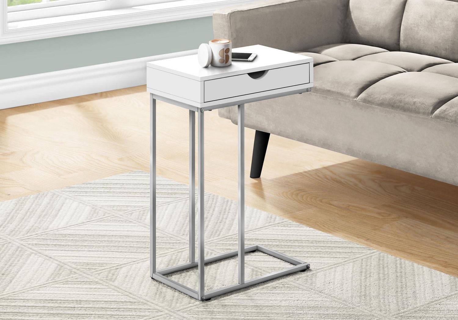 Monarch Specialties Table D'appoint, En Forme De C, Bout, Côté, Collation, Tiroir De Rangement, Salon, Chambre À Coucher, Métal, Stratifié, Blanc, Gris, Contemporain, Moderne