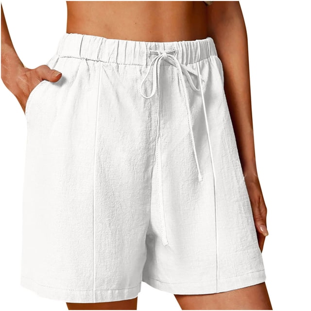 Annhoo Womens Plus Size Cotton Linen Shorts High Waisted Drawstring Wide Leg Solid Comfy Casual Shorts with Pockets