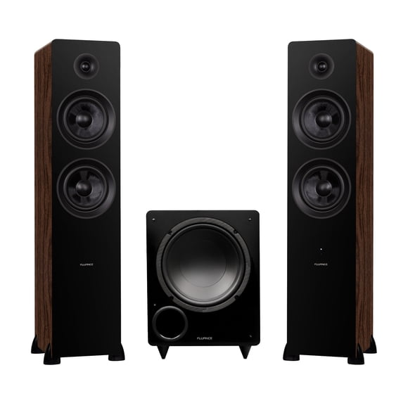 Fluance Ai81 Haut-Parleurs Tour Alimentés au Sol et DB10 Caisson de Basses à Basses Fréquences Porté à Tir Frontal Alimenté avec Câble de Caisson de Basses RCA Ultimate Performance Collection de 15 Pieds (Noyer Naturel)