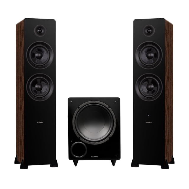 Fluance Ai81 Powered Floorstanding Tower Speakers and DB10 10" Low Frequency Ported Front Firing Powered Subwoofer with 15 Feet RCA Ultimate Performance Collection Subwoofer Cable (Natural Walnut)
