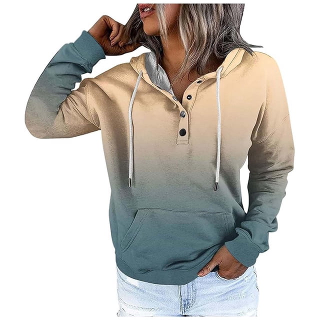 WEAIXIMIUNG Sweatshirts for Women Trendy Graphic Women's Autumn and Winter Fashionable Street Style Gradually Changing Color Button Collar Pocket Drawstring Casual Sports Hoodie (3)