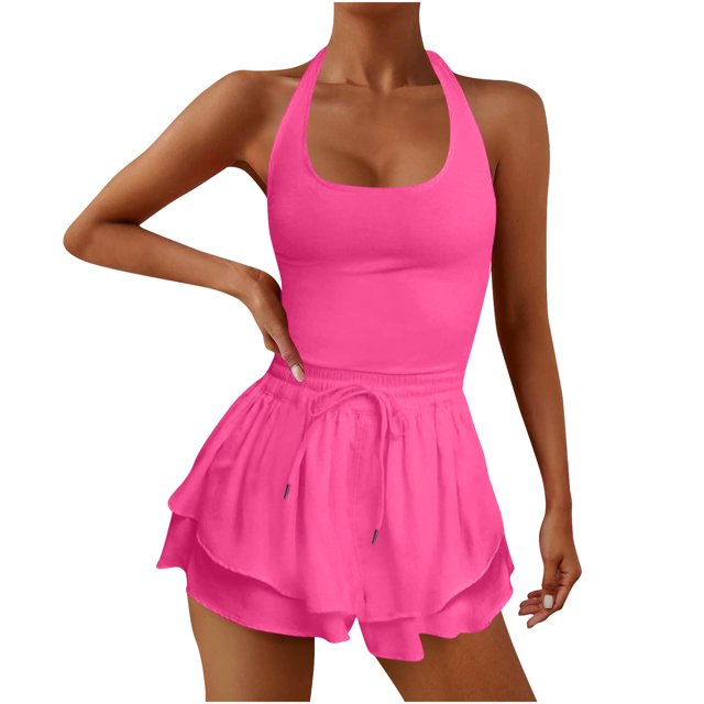 Mrat Combinaisons de Course pour Femmes Sans Manches une-Pièce Robes de Tennis Athlétiques Robe Courte d'Entraînement Combinaisons d'Exercice avec Shorts Intégrés S-67 Rouge Melon D\'eau-A TTG