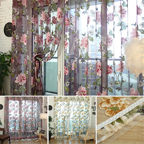 Lubelski Glass Door Decorative Curtain Elegant Women Bedroom Peony Voile Curtain Tulle with Lace Ham Pendants French Window Drape Sheer