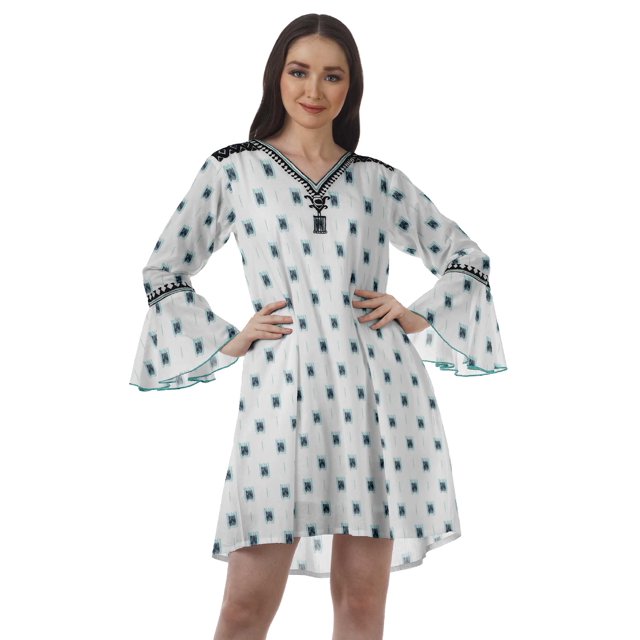 Moomaya Robes Mini Imprimées à Col en V pour Femmes Manches à Volants Robes de Plage pour Femmes