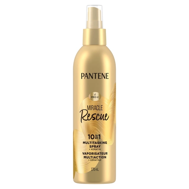 Miracle Rescue 10in1 Multitasking Spray + Keratin by Pantene, a gold 170 mL spray bottle with a clear cap, providing 10 hair care benefits including heat and UV protection, detangling, strengthening, and color protection with Pro-Vitamin B5 and keratin for daily use, also suitable as a lightweight heat protectant styler.